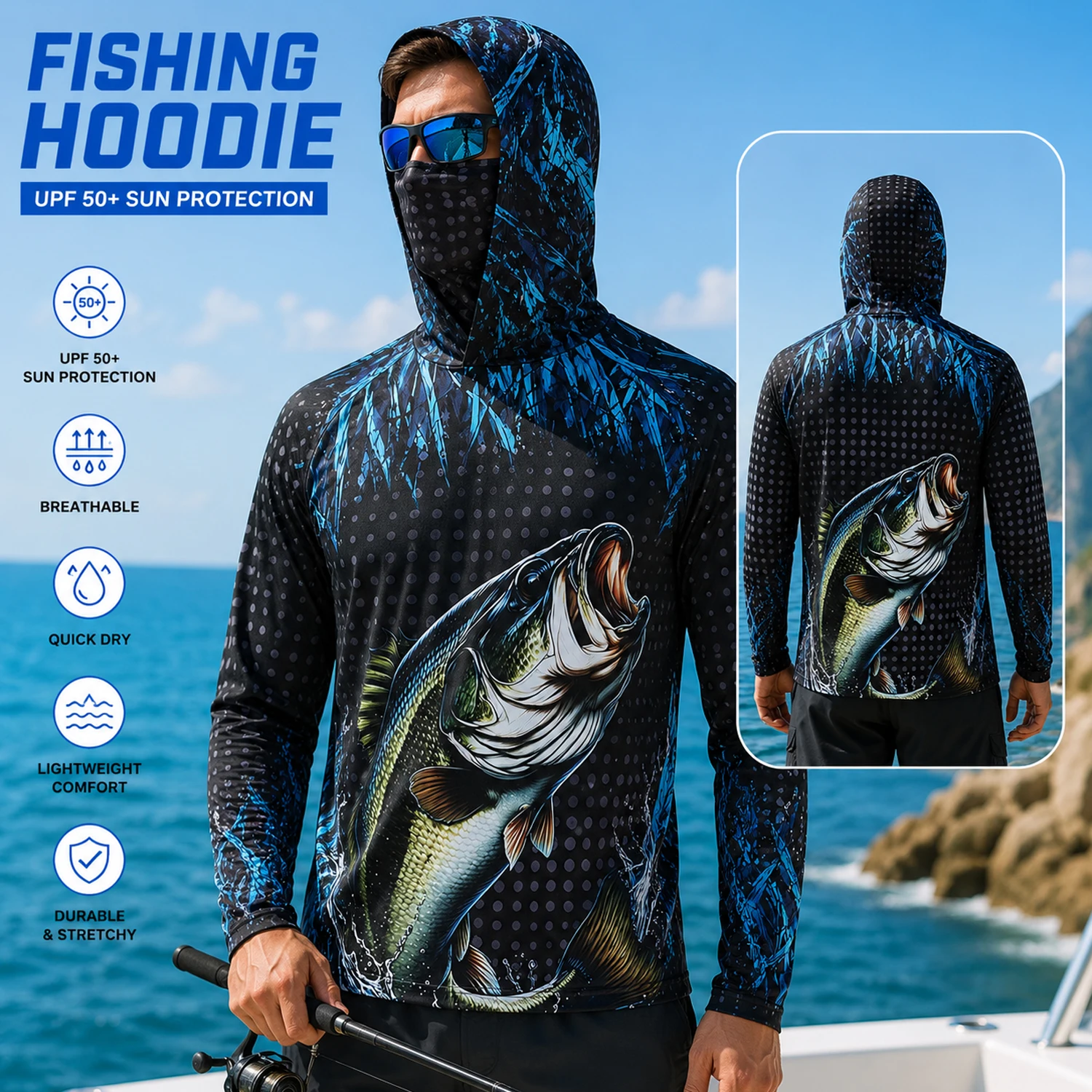 Hoodie Pancing Pria UPF50+ den - Fishing Mask Sun Protection ulasan dan harga